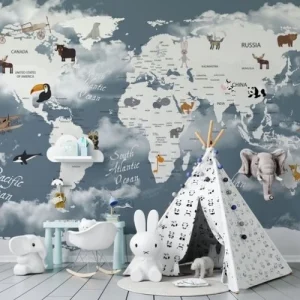 Papier Peint Carte du Monde  Nuage Bleu Animaux