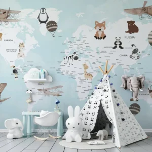 Papier Peint Carte du Monde Planisphère du Monde Animaux