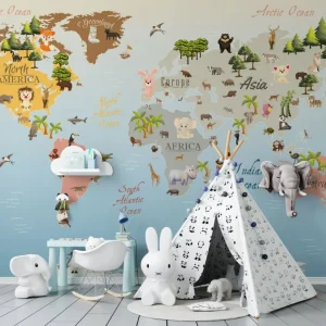 Papier Peint Carte du Monde  Animaux sur Continents