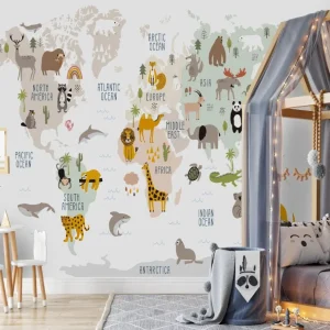 Papier Peint Carte du Monde  Animalier Coloré