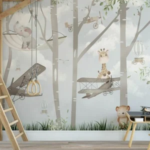 Papier Peint Animaux Arbre, Girafe et Avion