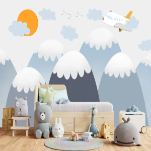 Papier Peint Bébé Classique  Avion et Montagne Bleue Enneigée