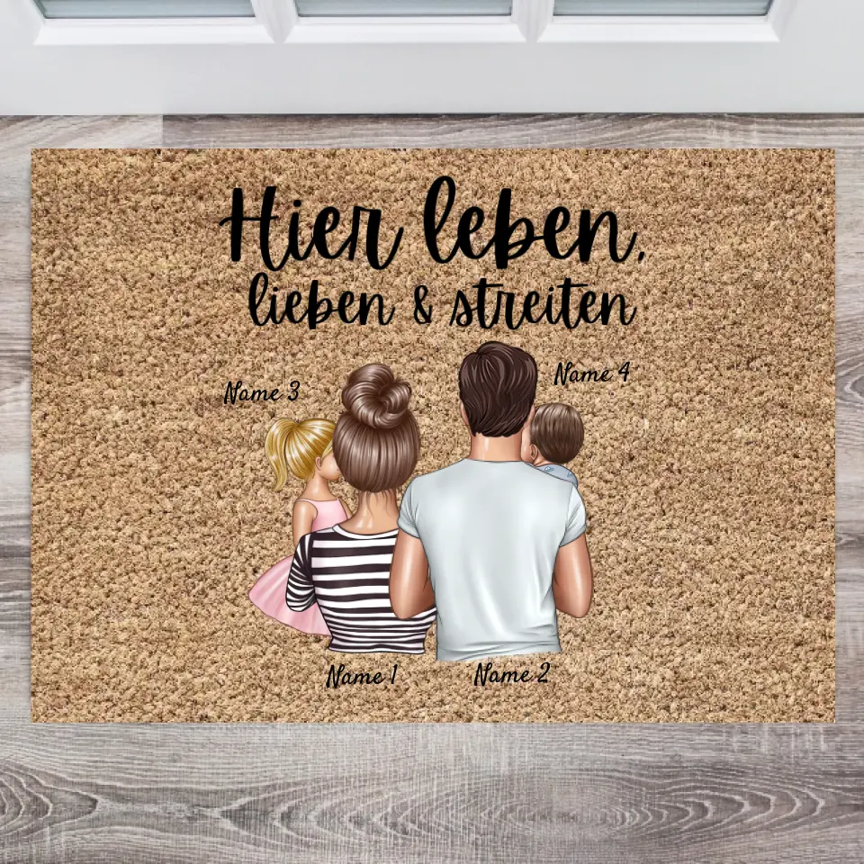 Vivre, aimer & se disputer ici - Paillasson personnalisé avec toute la famille (1-4 enfants)
