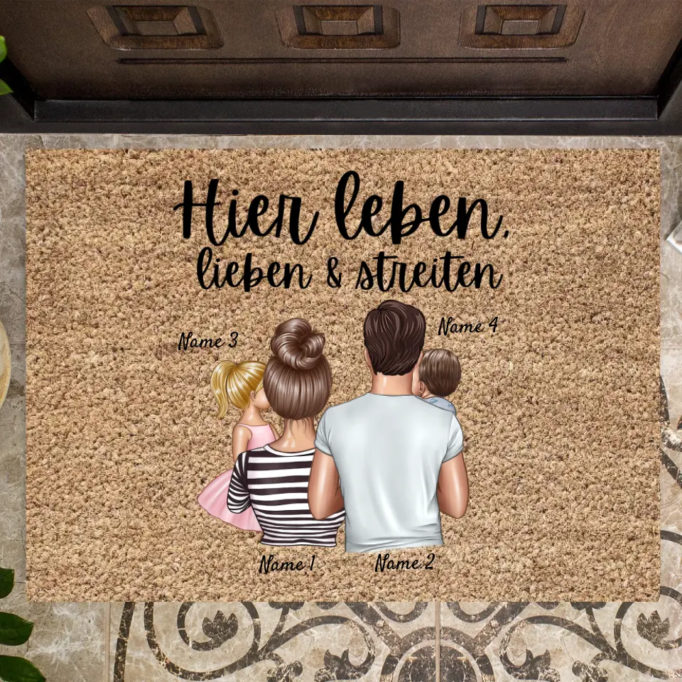 Vivre, aimer & se disputer ici - Paillasson personnalisé avec toute la famille (1-4 enfants) – Image 2