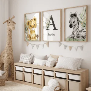 Décoration Chambre Bébé Et Enfant thème Savane - Affiches Avec Prénom Personnalisé, Animaux et Feuillage - Ideal pour Chambre mixte