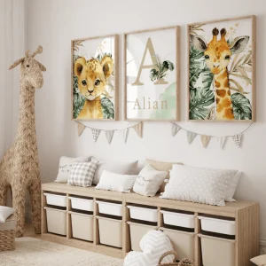 Décoration Chambre Bébé Et Enfant thème Safari - Affiches Avec Prénom Personnalisé, Animaux et Feuillage - Ideal pour Chambre mixte