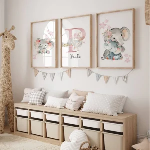 Set de 3 Affiches Chambre Fille Thème Eléphant