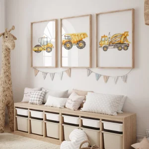 Set de 3 Affiches Aquarelle Jaune bulldozer et Camion