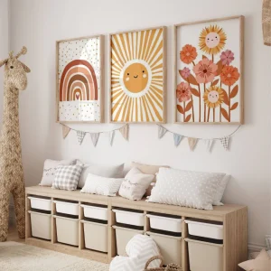 Set 3 affiches Style Boho Décoration Chambre Enfant Affiche de Naissance Arc-en-ciel Terracotta - Arc-en-Ciel Soleil Nuage et Fleurs