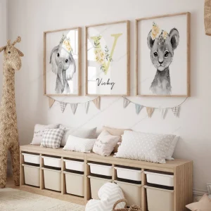 Set 3 affiches Personnalisées - Lion Girafe Eléphant Zèbre Jaune