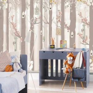 Papier Peint Oiseaux  Arbres et Nichoirs