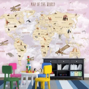 Papier Peint Carte du Monde  Monde et Nuage Rose