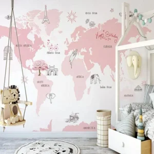 Papier Peint Carte du Monde Rose Pastel