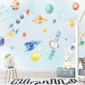 Papier Peint Espace  Aquarelle Fusée