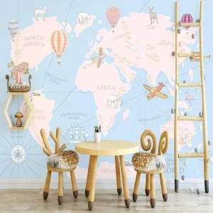 Papier Peint Carte du Monde  Couleur Rose et Bleue