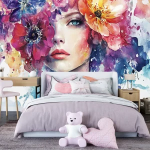 Papier Peint Ado Classique  Visage Femme et Fleur