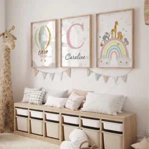 Affiche Arc en Ciel et Animaux -  Décoration Chambre bébé Fille