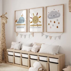 Set de 3 Affiches Boho Nuage Soleil et Baleine