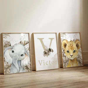 Décoration Murale Chambre Bébé Et Enfant Jungle - Affiches Avec Prénom Personnalisé, Animaux et Feuillage Or - Parfait pour Chambre mixte
