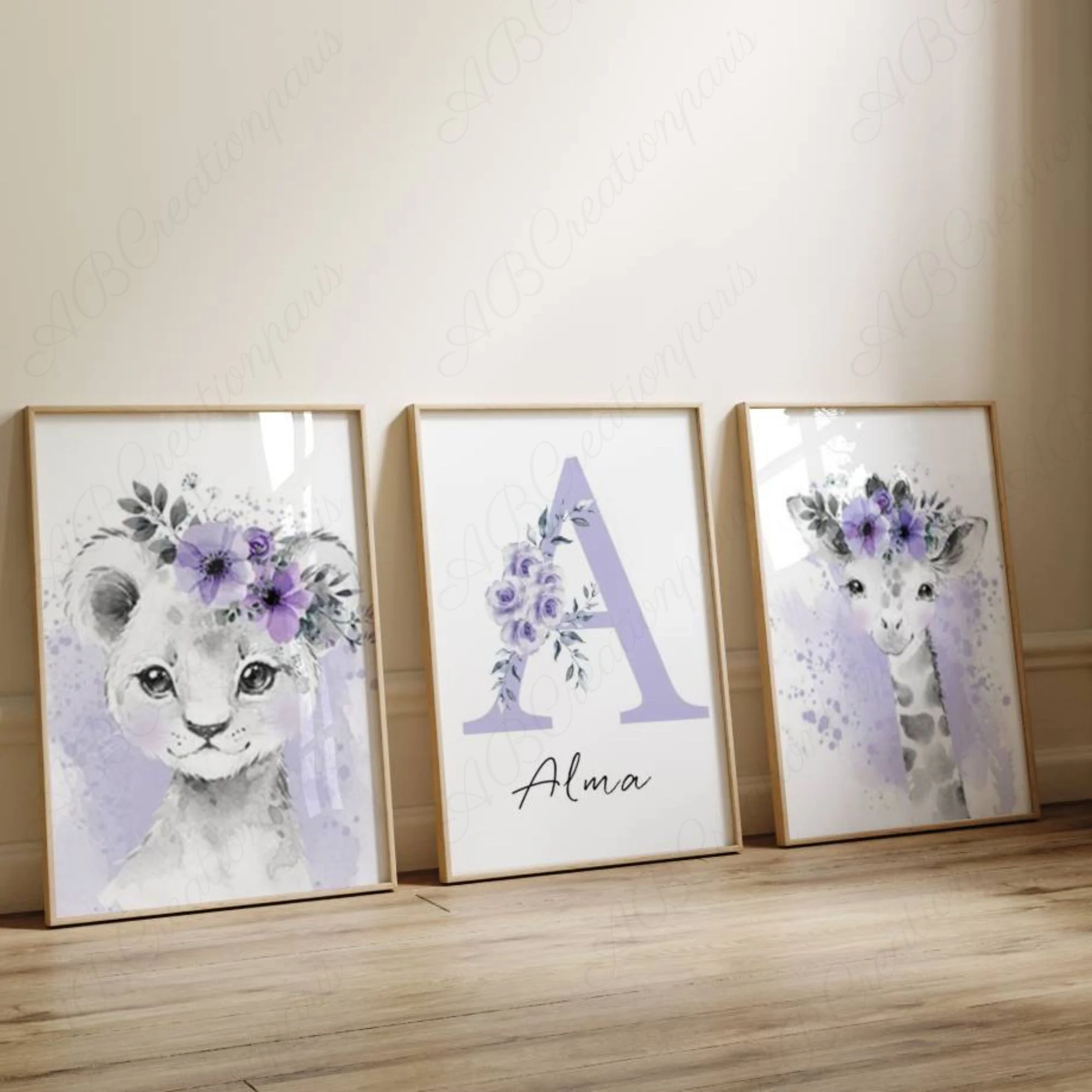 Affiche Animaux Chambre Bébé et Enfant - Coloris Violet