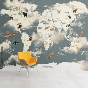 Papier Peint Carte du Monde Planisphère Animaux Boom