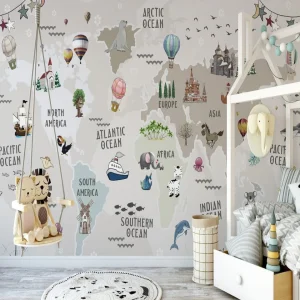 Papier Peint Carte du Monde  Animaux des Bébés en Beige