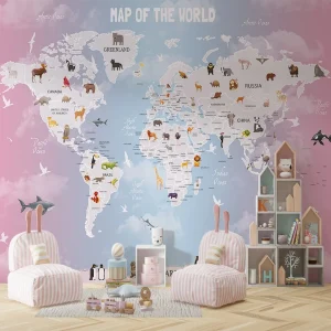 Papier Peint Carte du Monde  Effet Fille Barbe à papa