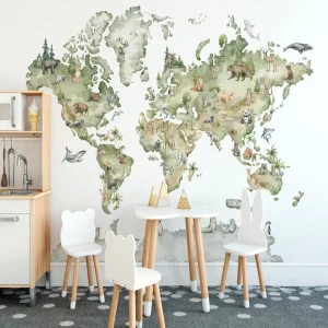 Papier Peint Carte du Monde  Aquarelle Animaux Mixte