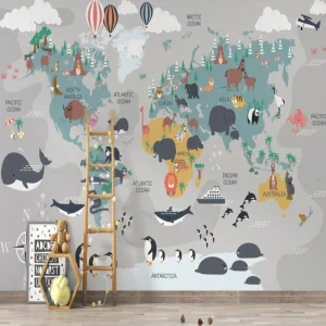 Papier Peint Carte du Monde Planisphère Gris et Animaux