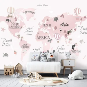 Papier Peint Carte du Monde  Panoramique Rose Fille