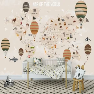 Papier Peint Carte du Monde  Panoramique Montgolfière Beige