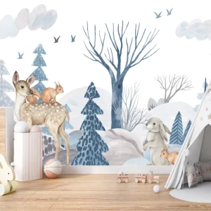 Papier Peint Animaux  Biche Forêt d'Hiver