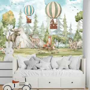 Papier Peint Animaux   Panoramique Forêt et Montgolfière