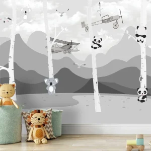Papier Peint Animaux  Bébé Panda Gris Paysage