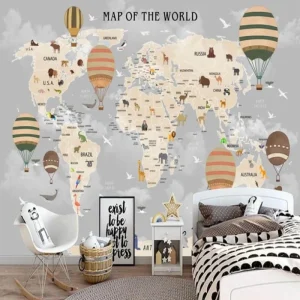 Papier Peint Carte du Monde  Montgolfières