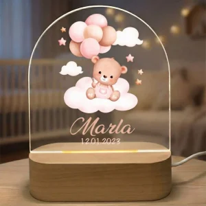 Veilleuse Bébé Personnalisée Ourson et Ballons Roses