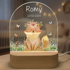 Veilleuse Personnalisée Renard avec Couronne de Fleurs